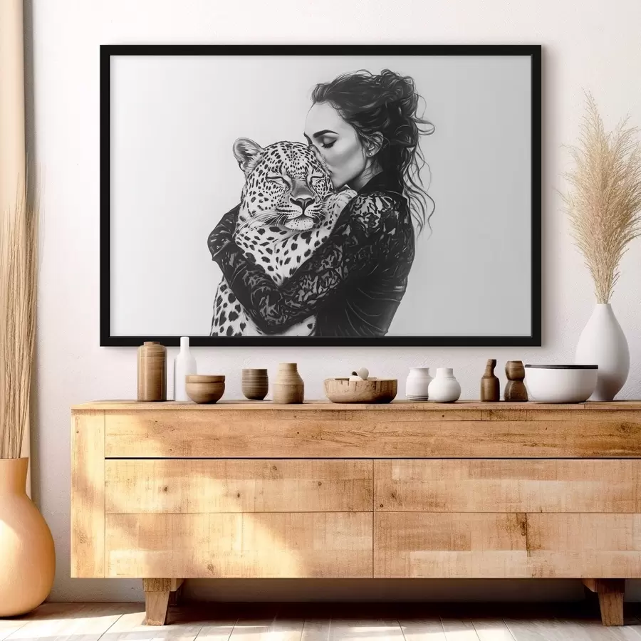 Fotobehang Vrouw die luipaard kust, potloodtekening, wilde dieren, zwart-wit f41457