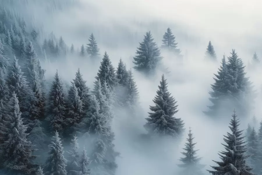 Papier peint photo Brouillard épais enveloppant une forêt matinale enneigée dans des tons bleus w02064