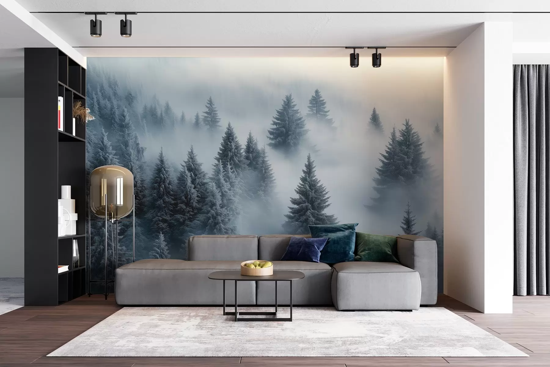 Fotobehang Dikke mist omhult een besneeuwd ochtendbos in blauwtinten w02064