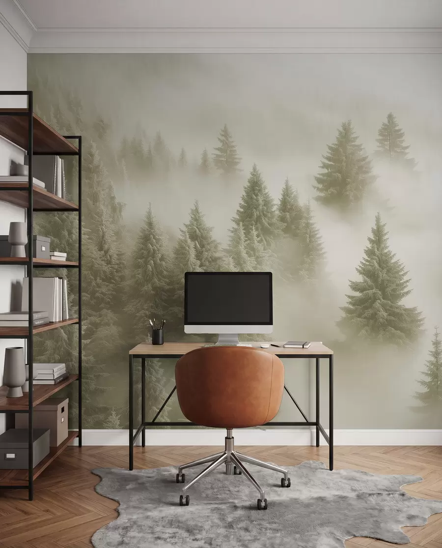Fotobehang Naaldbomen in olijfgroene mist w02064v2
