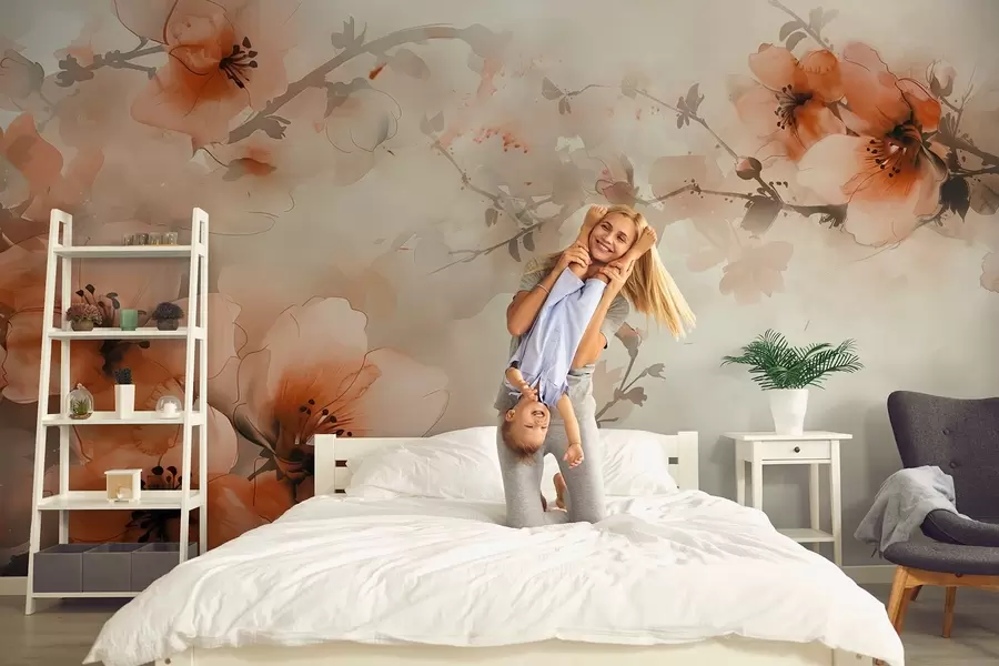 Fotobehang Aquarel compositie van bloemen in warme perzik en oranje tinten w02068