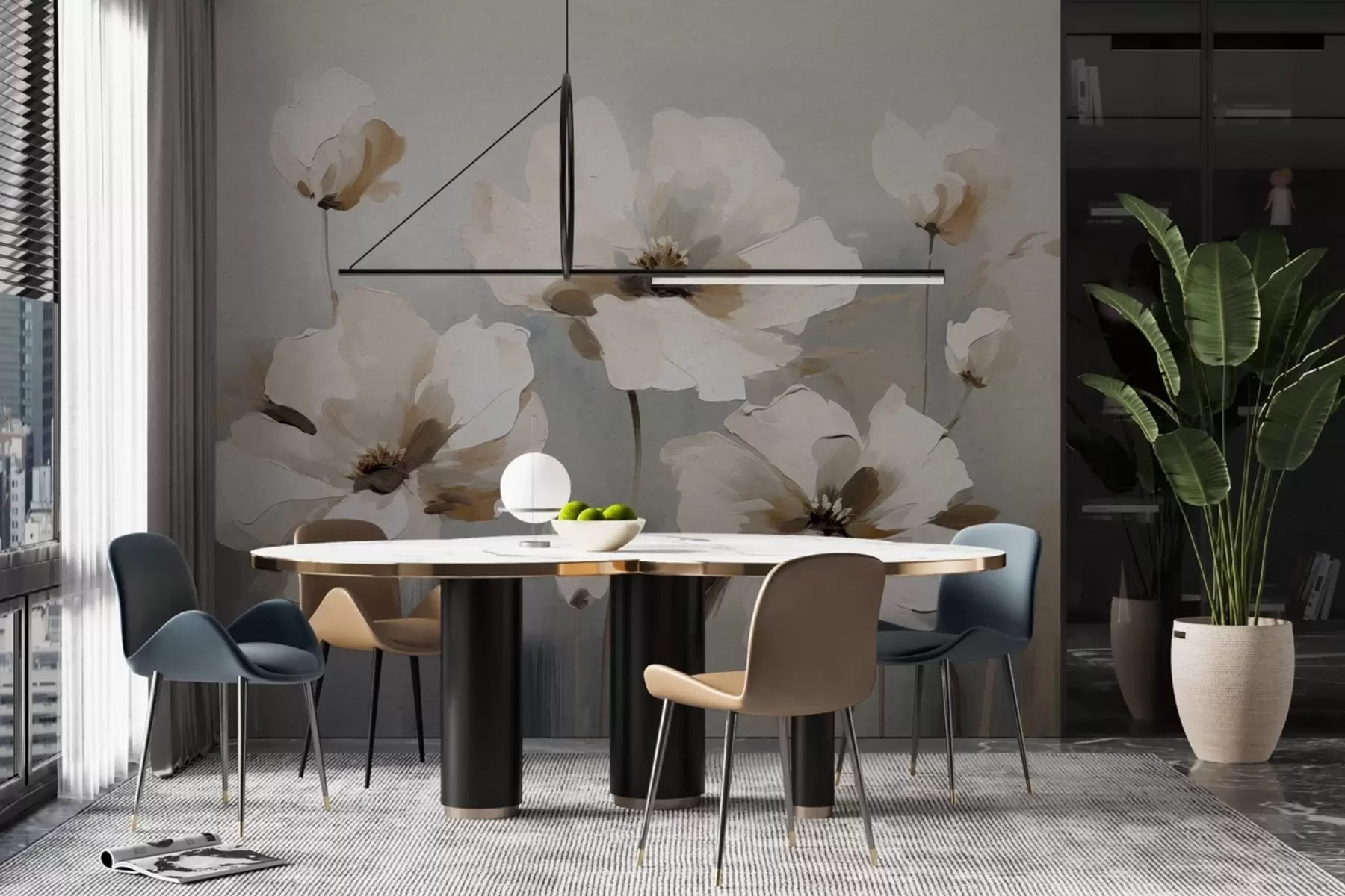 Fotobehang Met olieverf geschilderde bloemen op een betonnen muur w02120
