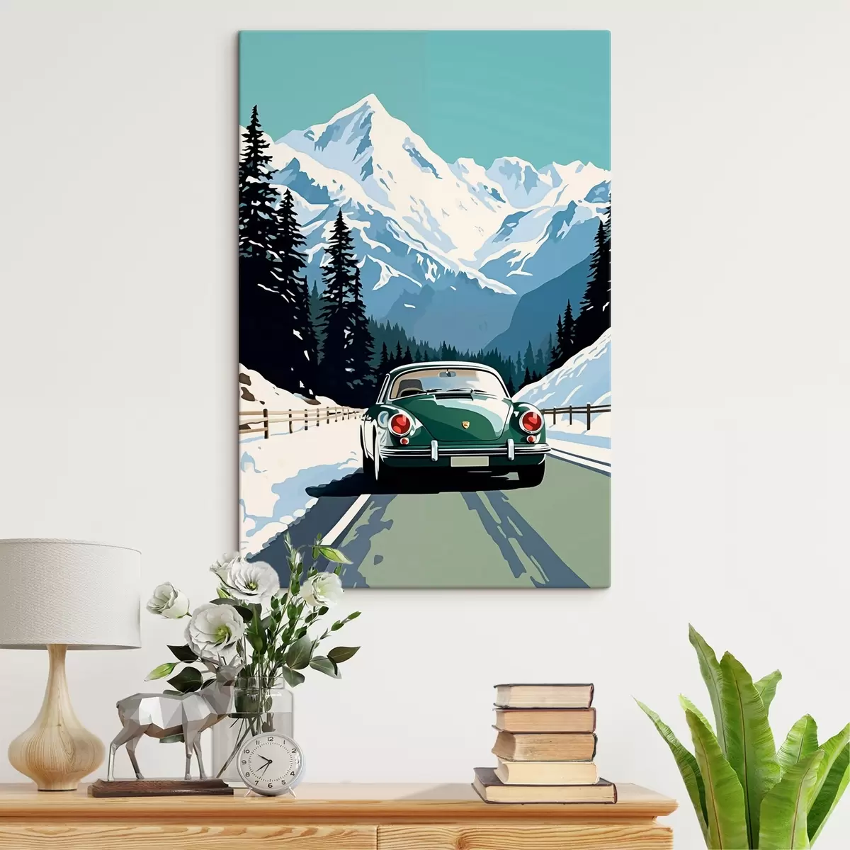  Peintures Voiture rétro sur une route de montagne en hiver s41478