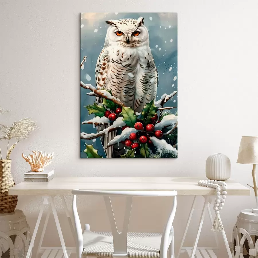  Peintures Hibou sur une branche d'hiver avec des baies et des feuilles s41482