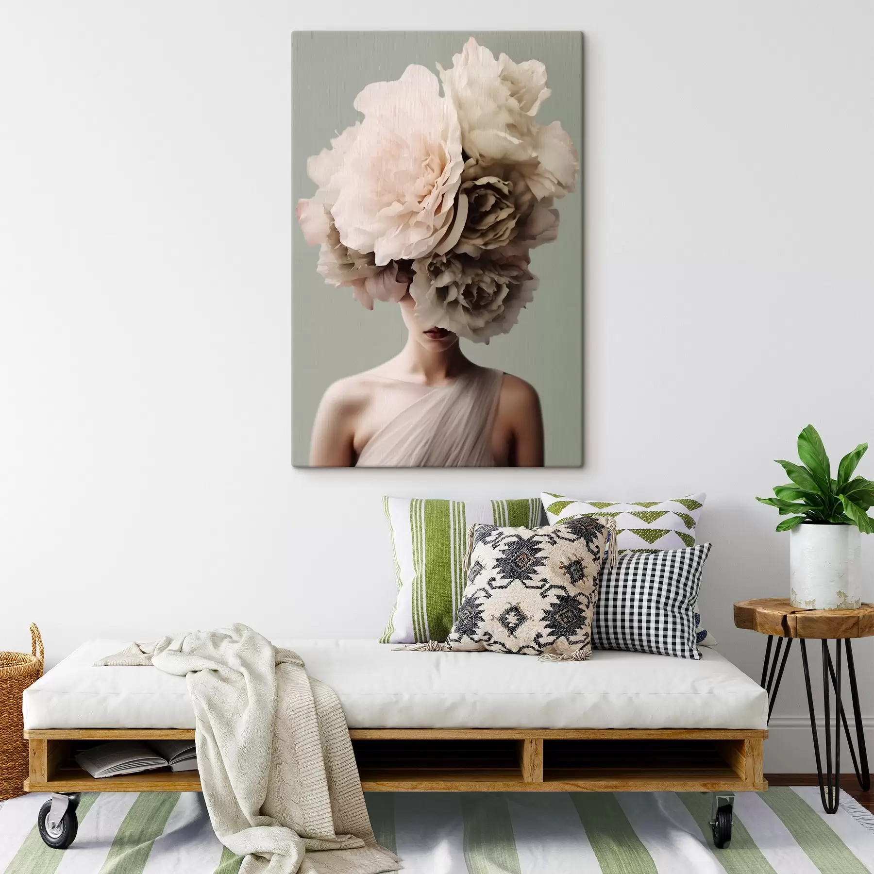 Papier peint photo Femme avec de grandes fleurs sur la tête cachant son visage s41483