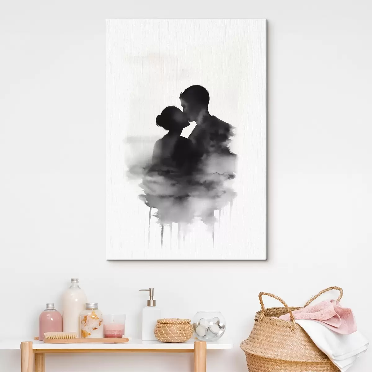  Peintures Silhouette d'un couple en technique d'aquarelle en noir et blanc s41496
