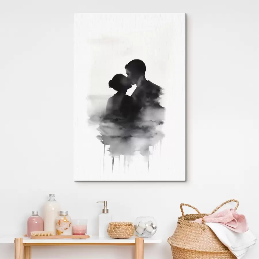 Papier peint photo Silhouette d'un couple en technique d'aquarelle en noir et blanc s41496