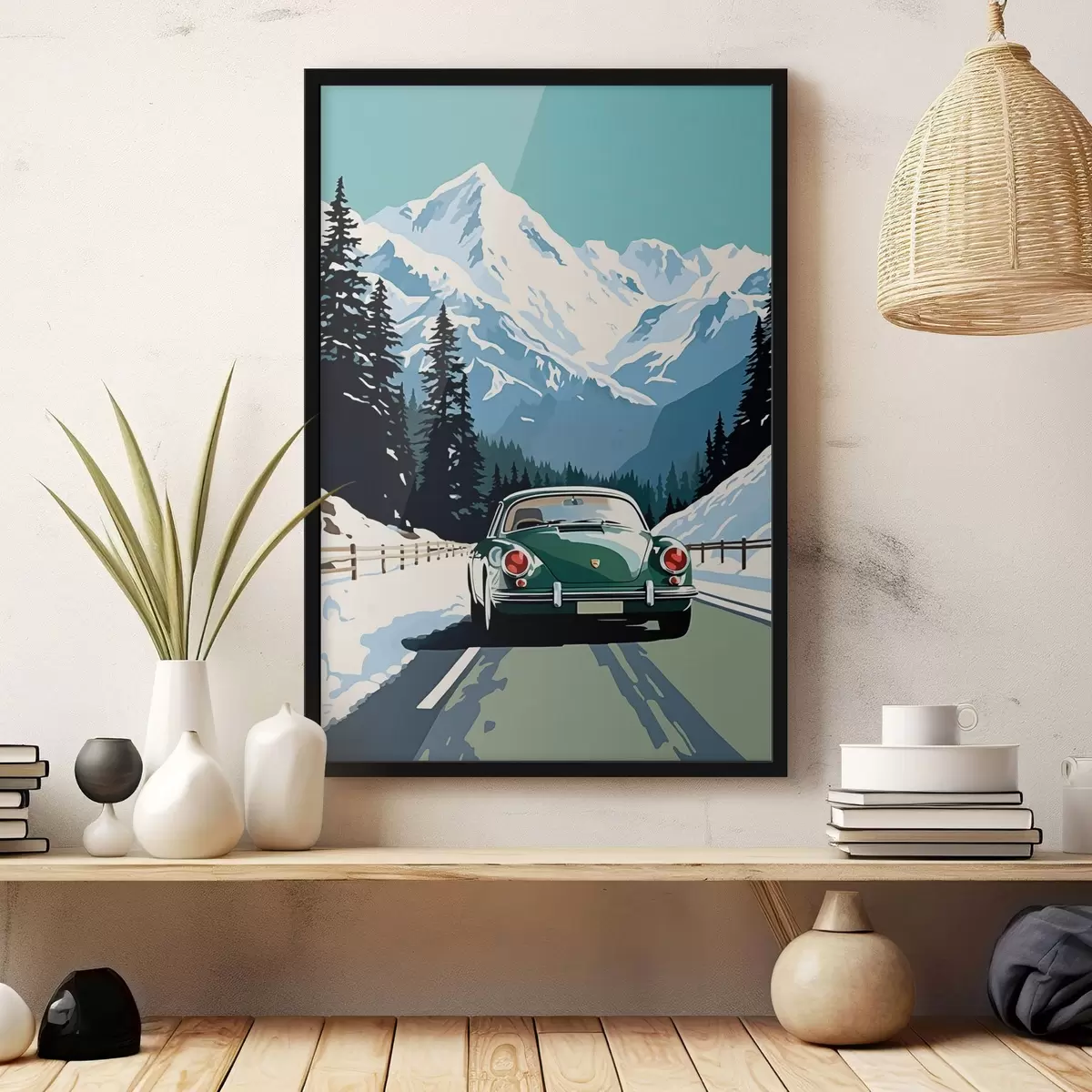 Affiche Voiture rétro sur une route de montagne en hiver f41478