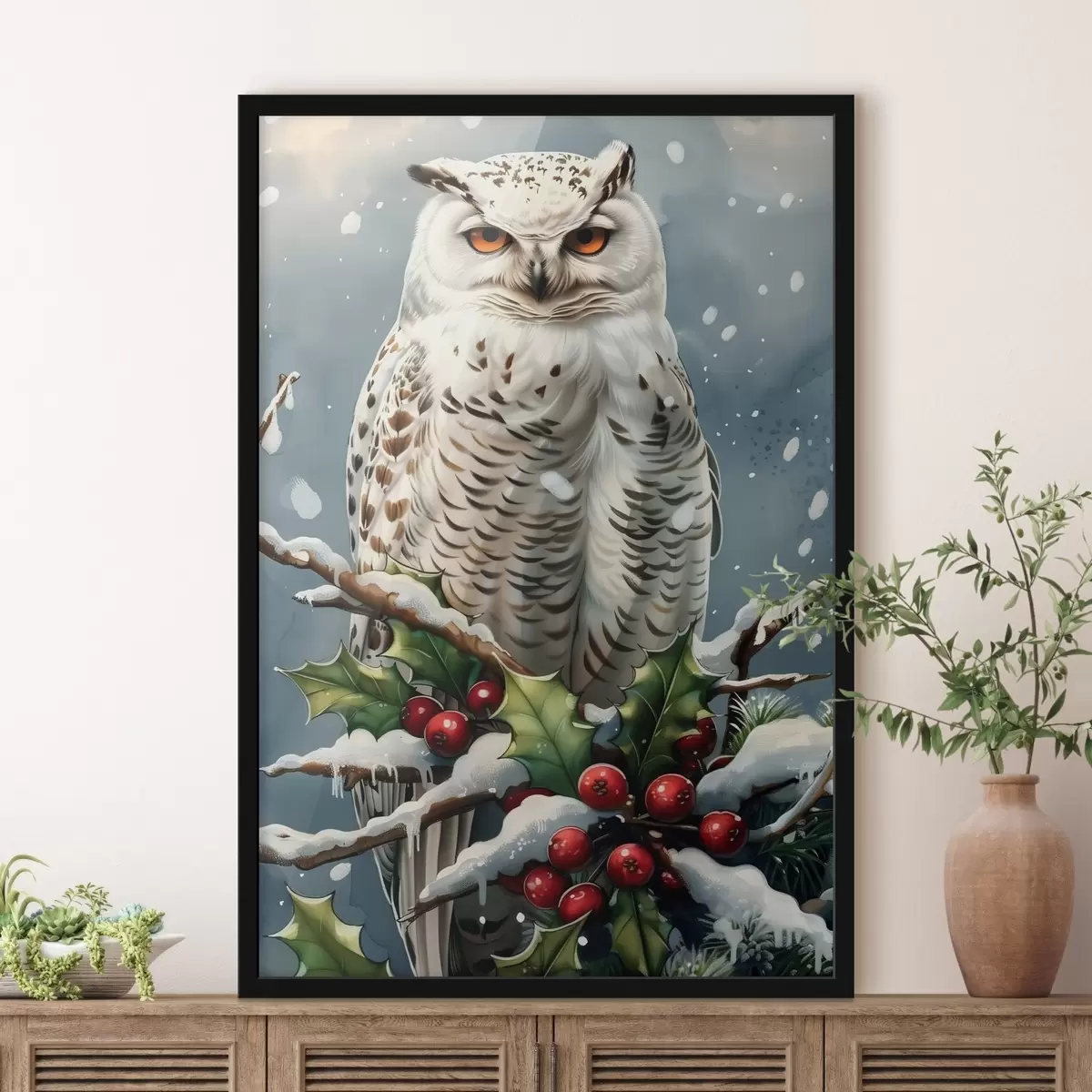 Poster Uil op een wintertak met bessen en bladeren f41482