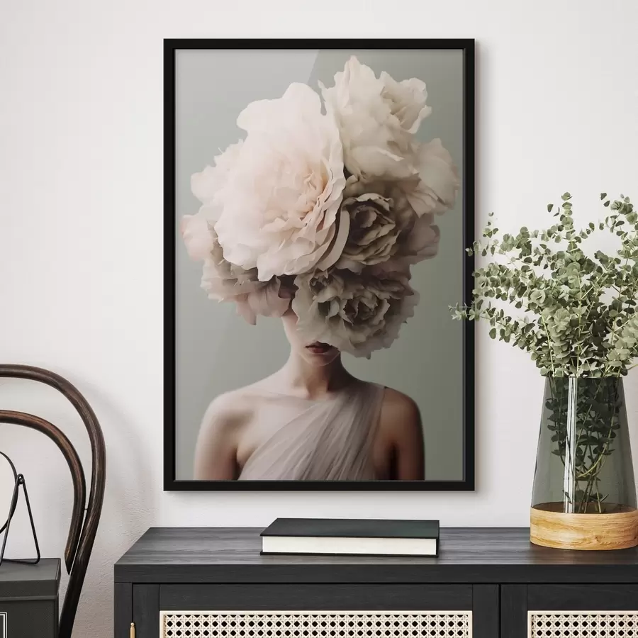 Papier peint photo Femme avec de grandes fleurs sur la tête cachant son visage f41483