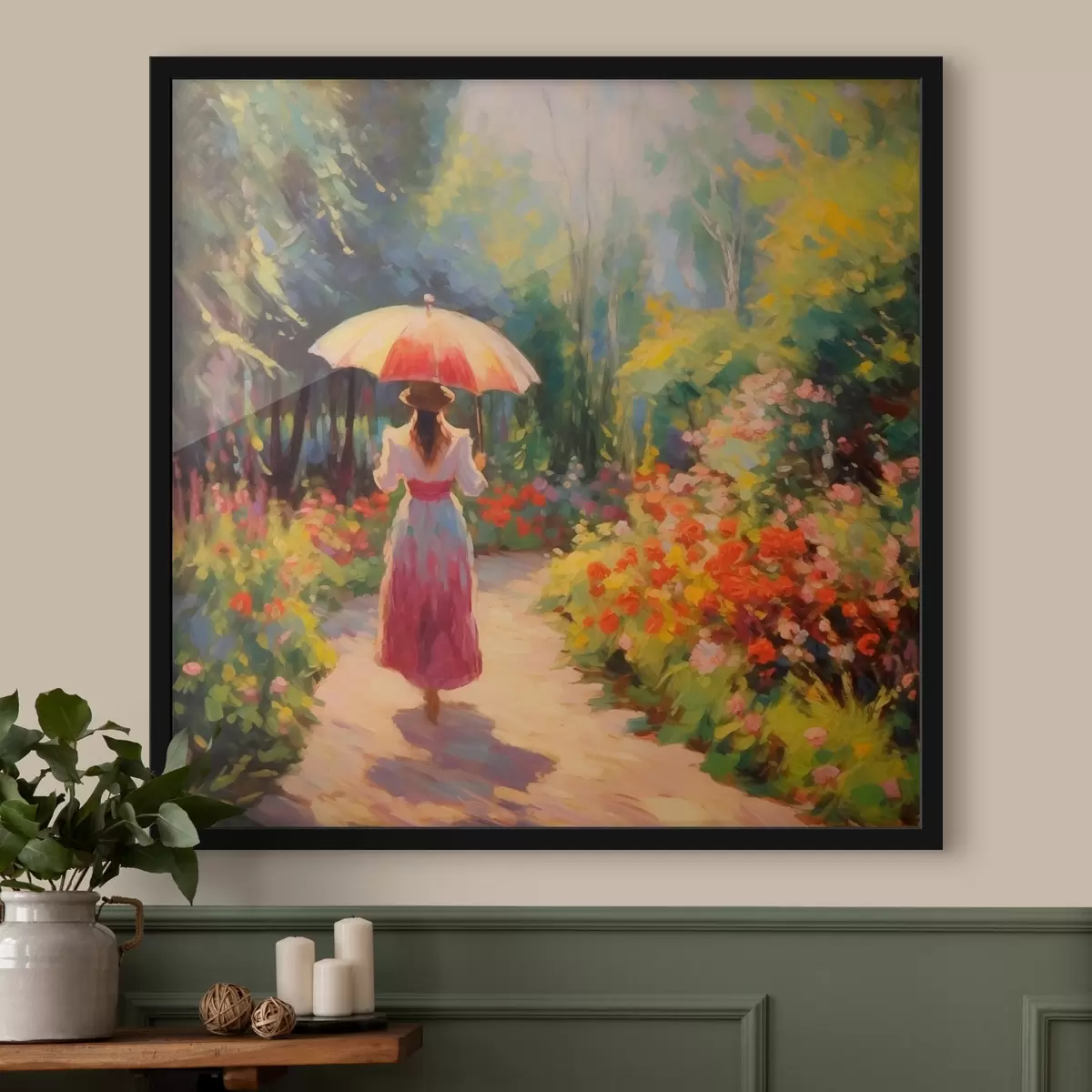 Affiche Dame avec un parapluie dans un jardin fleuri f41495