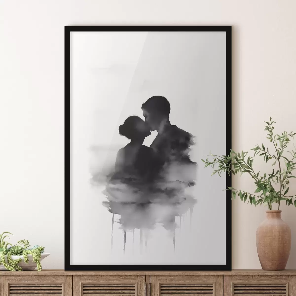 Poster Silhouet van een koppel in zwart-wit aquareltechniek f41496