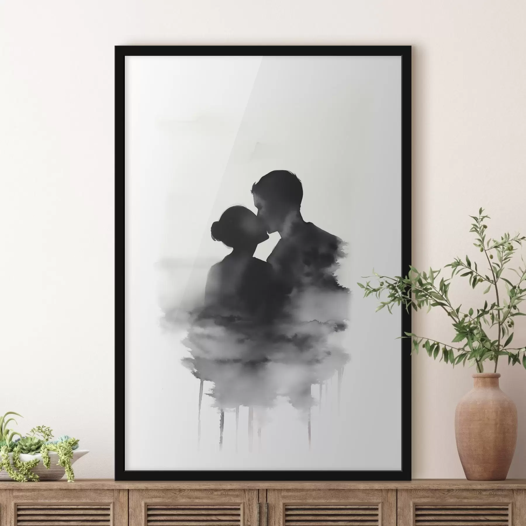  Peintures Silhouette d'un couple en technique d'aquarelle en noir et blanc f41496
