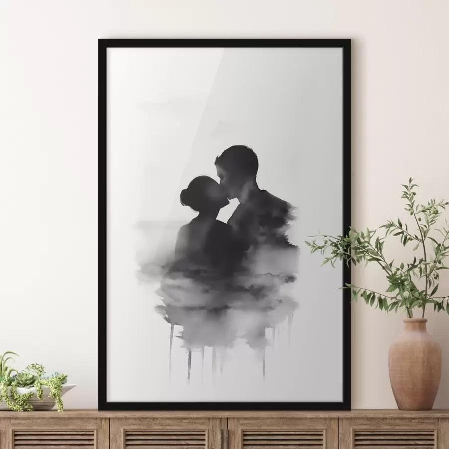 Fotobehang Silhouet van een koppel in zwart-wit aquareltechniek f41496