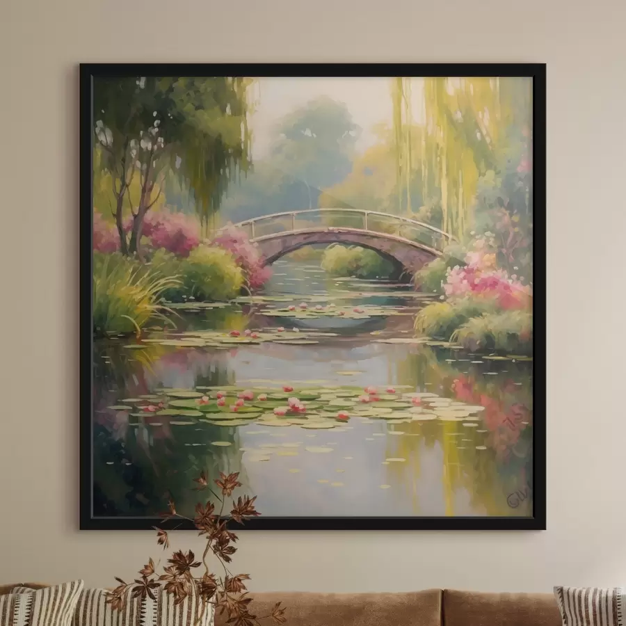 Fotobehang Tuinbrug over het meer met waterlelies f41503