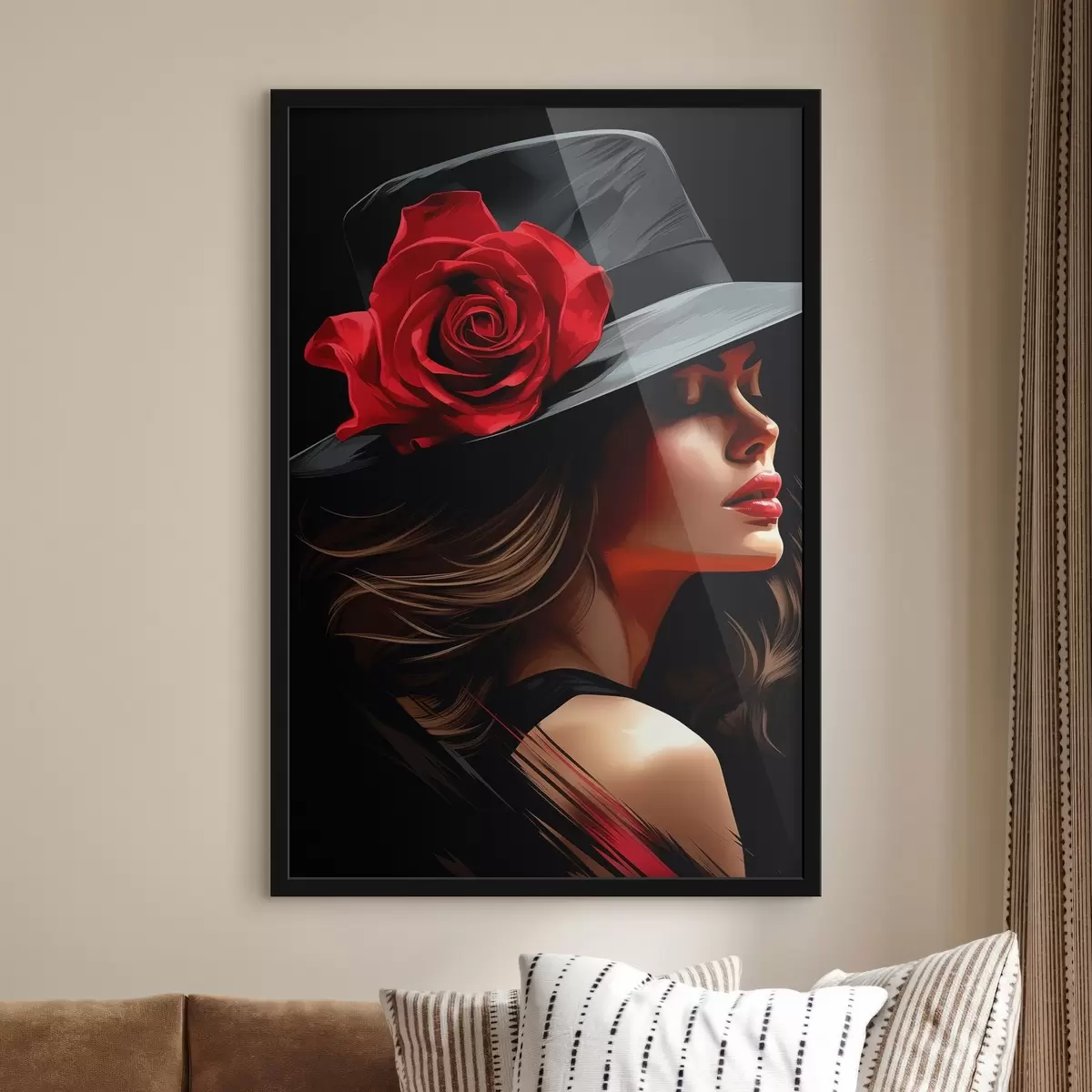 Affiche Illustration fille au chapeau avec une belle rose chic f41546