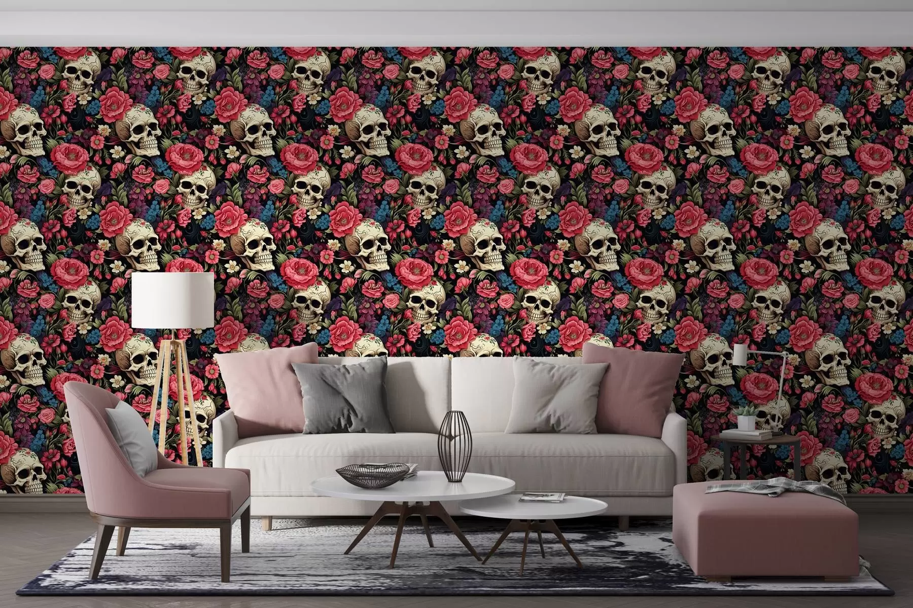 Papier peint photo Papier peint mystique de style rétro avec motif de crâne et fleurs dans les tons roses sur un fond sombre w02084