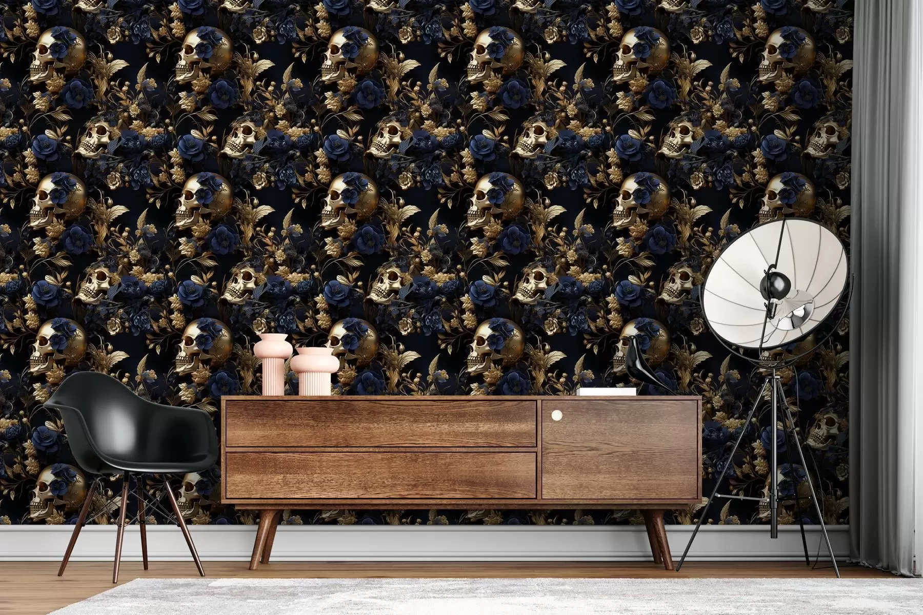Papier peint photo Behang in luxe stijl met een patroon van gele metalen schedels en donkere bloemen w02085