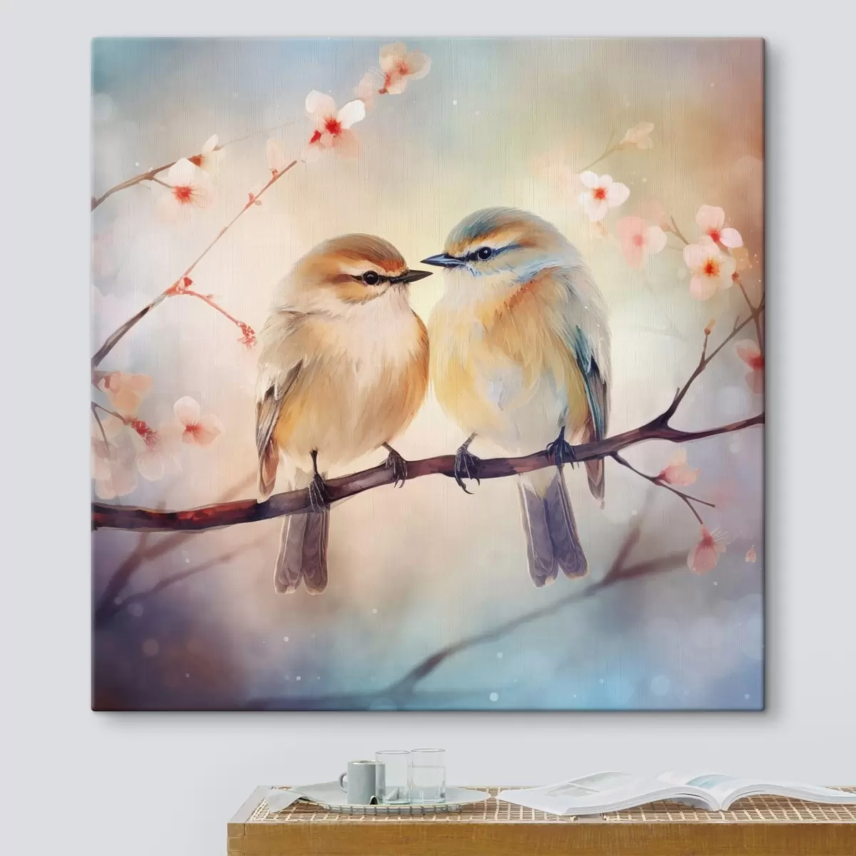  Peintures Un couple d'oiseaux est assis sur une branche fleurie s41476