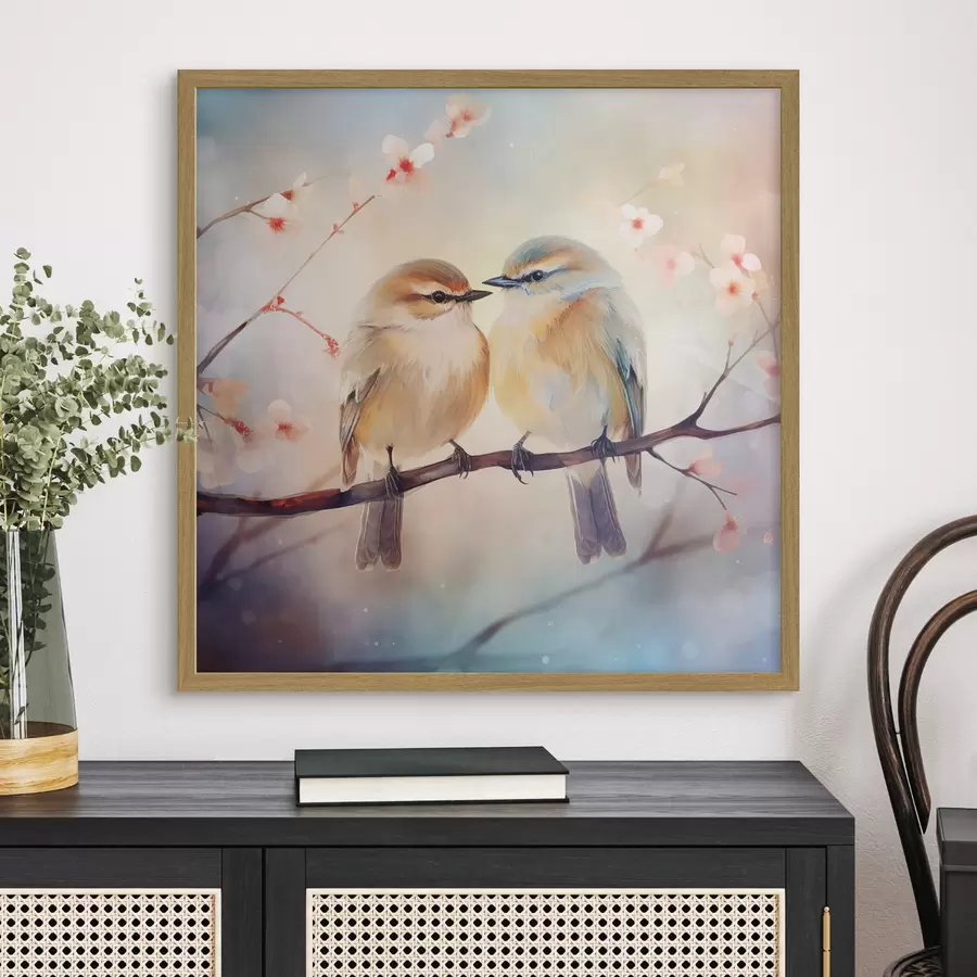 Papier peint photo Un couple d'oiseaux est assis sur une branche fleurie f41476