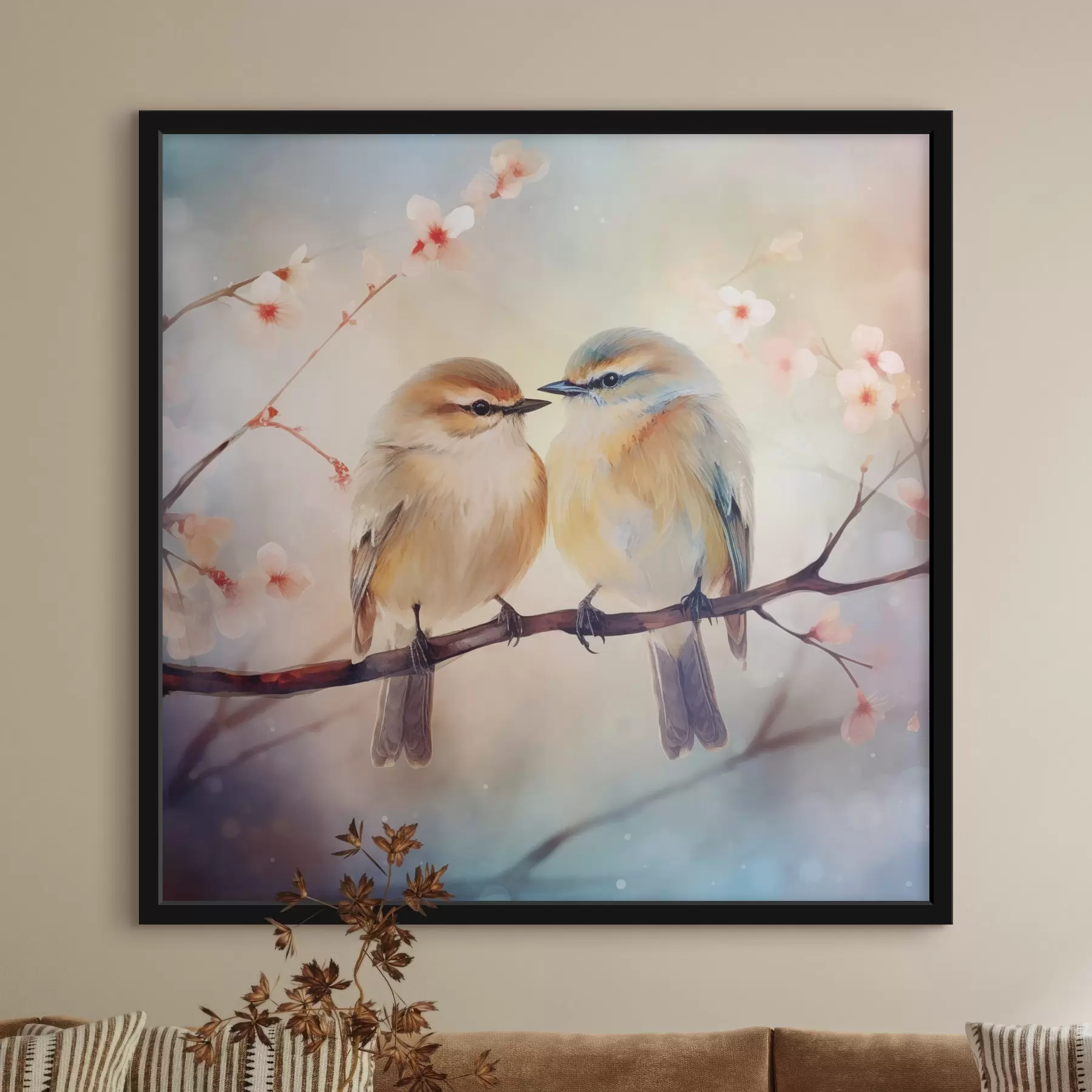 Fotobehang Een paar vogels zit op een bloeiende tak f41476
