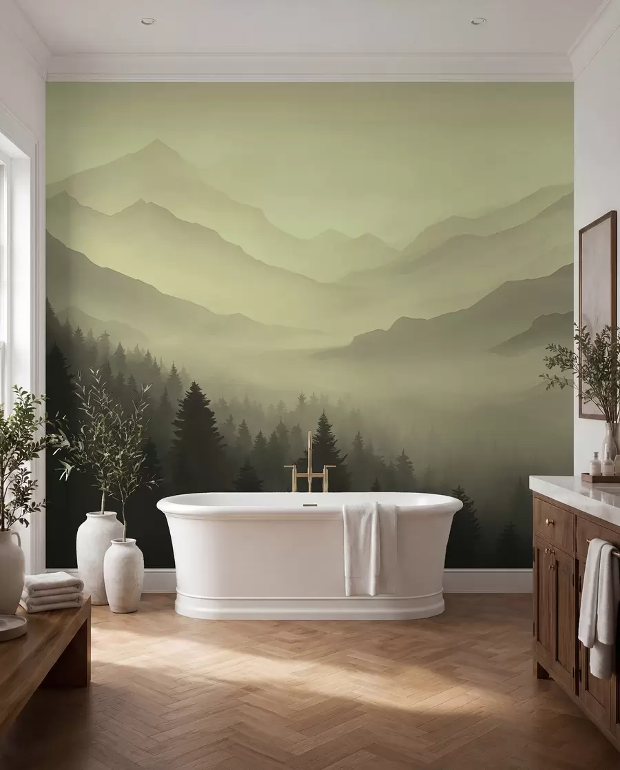 Fotobehang Bos en bergen in groene tinten w02186v1