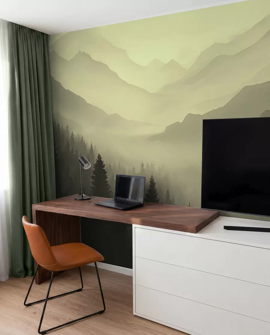 Fotobehang Bos en bergen in groene tinten w02186v1