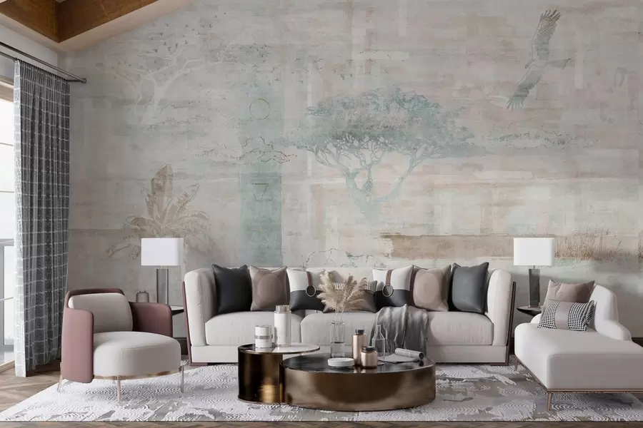 Fotobehang Vintage grunge-effect ontwerp met bomen, adelaar en geometrische elementen w02130