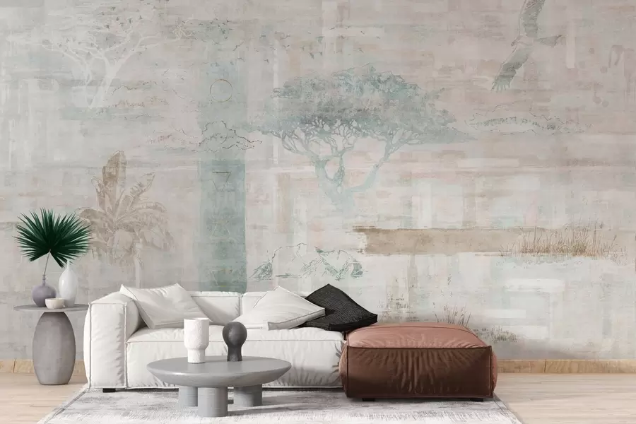 Fotobehang Vintage grunge-effect ontwerp met bomen, adelaar en geometrische elementen w02130