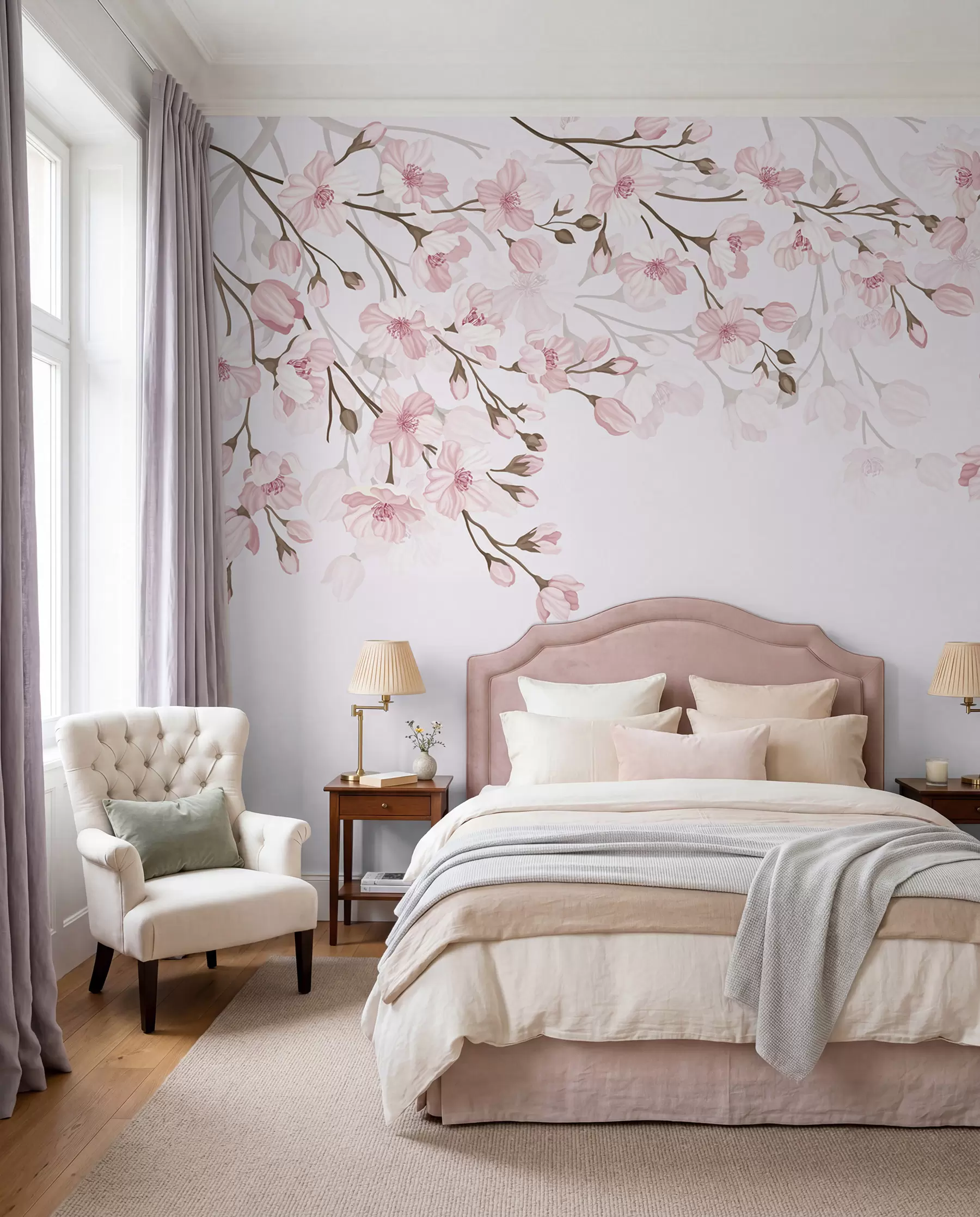 Fotobehang roze bloeiende takken op roze achtergrond w02200
