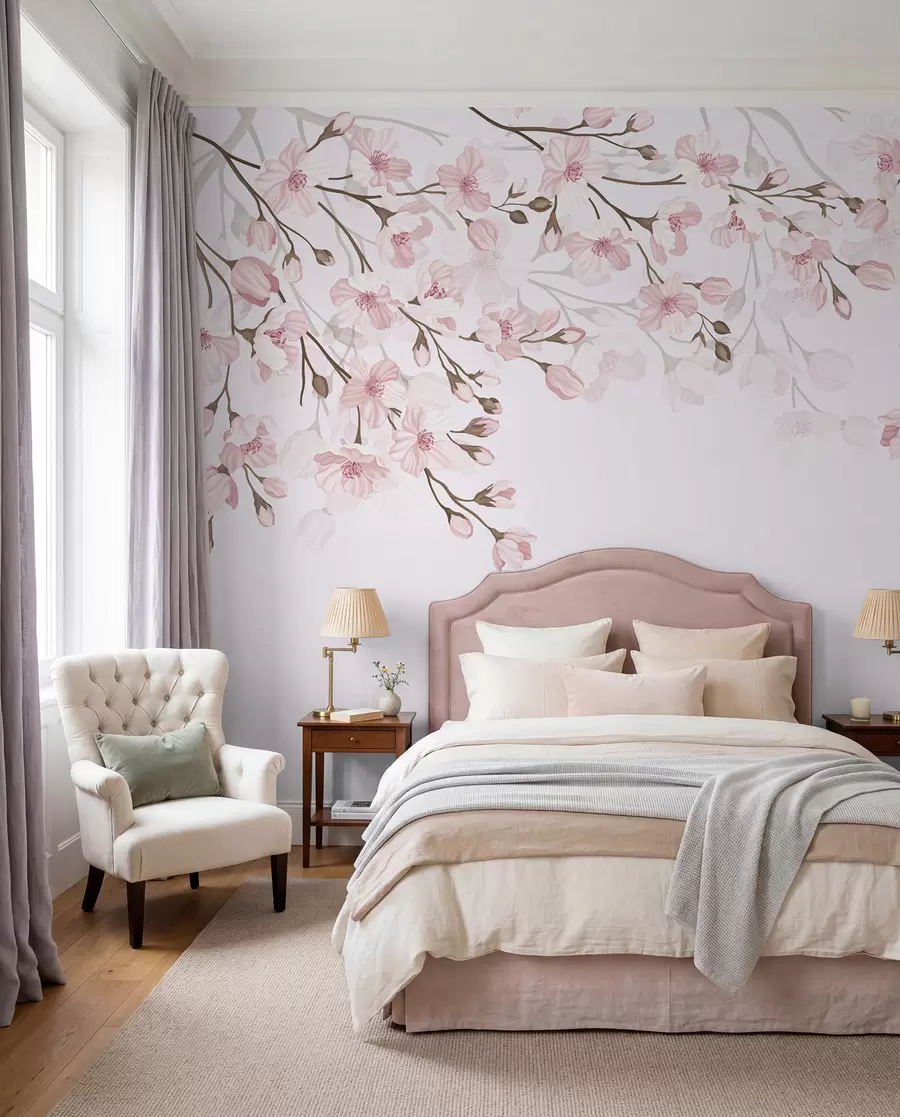 Papier peint photo branches fleuries roses sur fond rose w02200