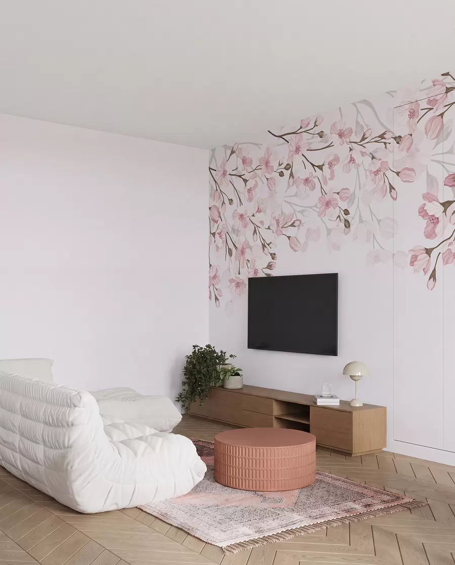 Fotobehang roze bloeiende takken op roze achtergrond w02200
