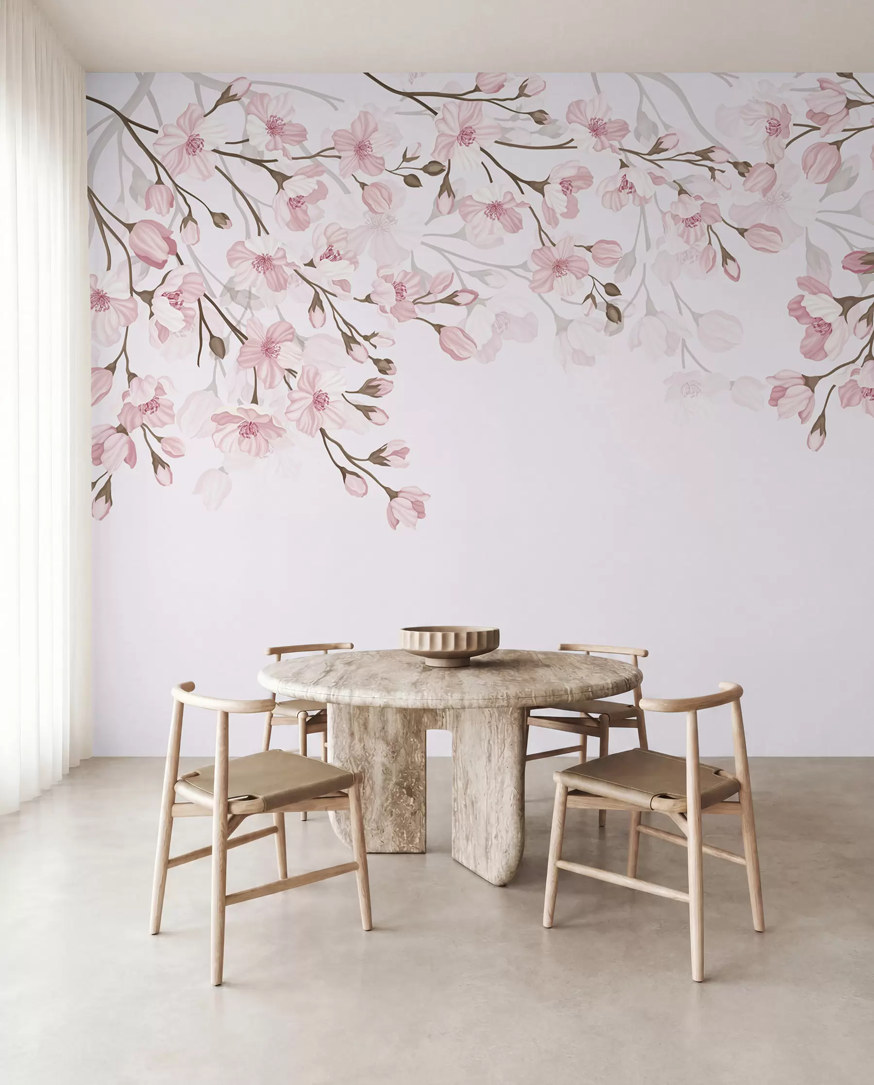 Fotobehang roze bloeiende takken op roze achtergrond w02200