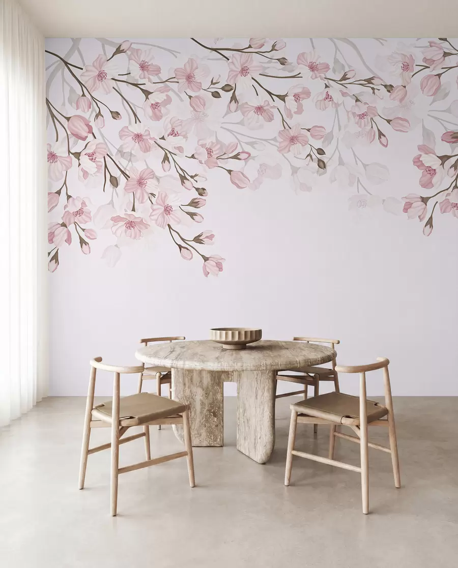 Papier peint photo branches fleuries roses sur fond rose w02200