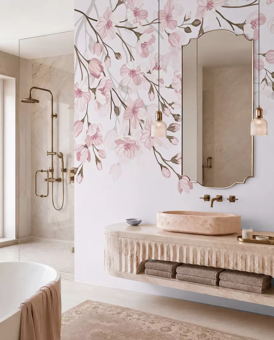 Fotobehang roze bloeiende takken op roze achtergrond w02200