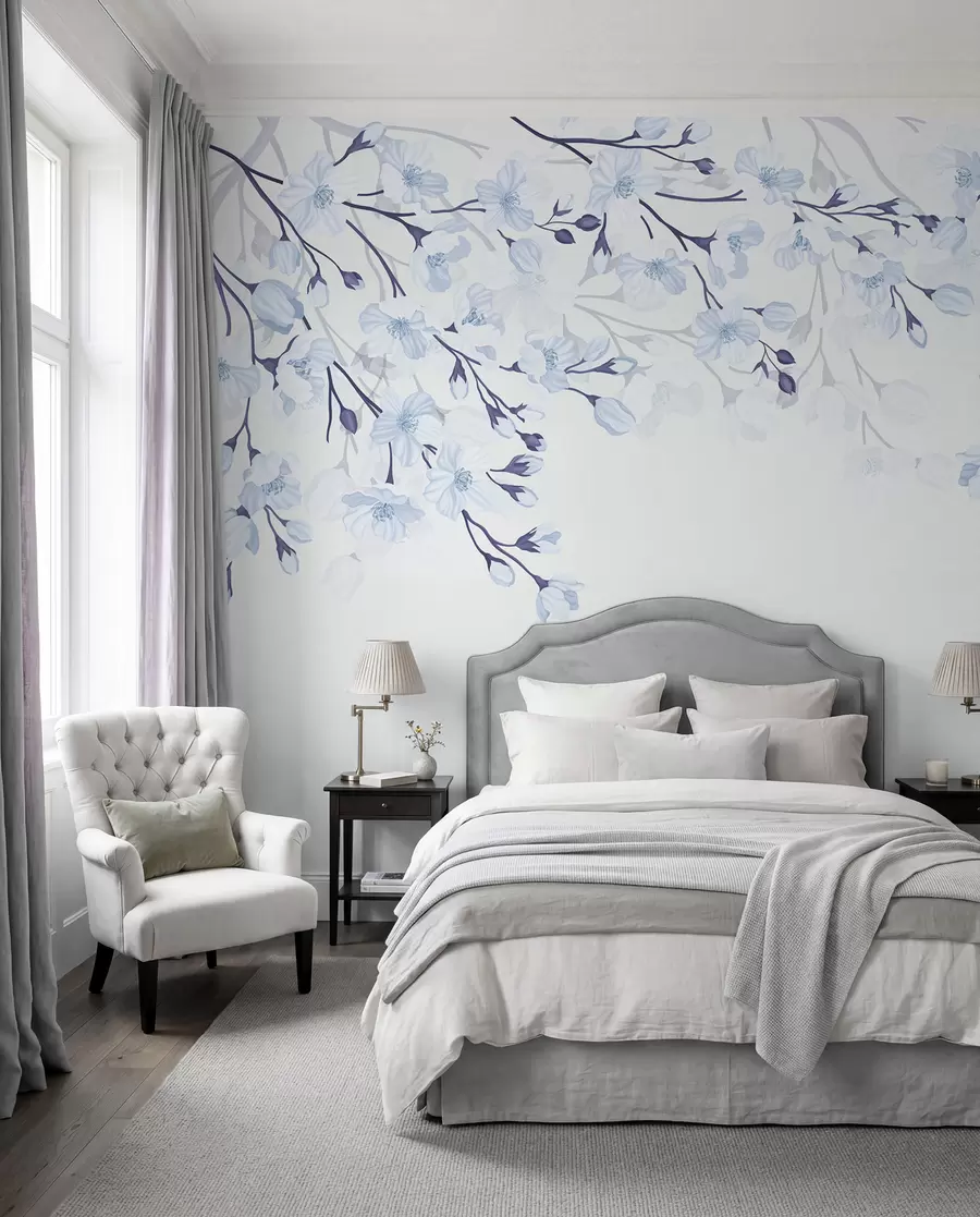 Papier peint photo branches fleuries bleues sur fond bleu w02200v1