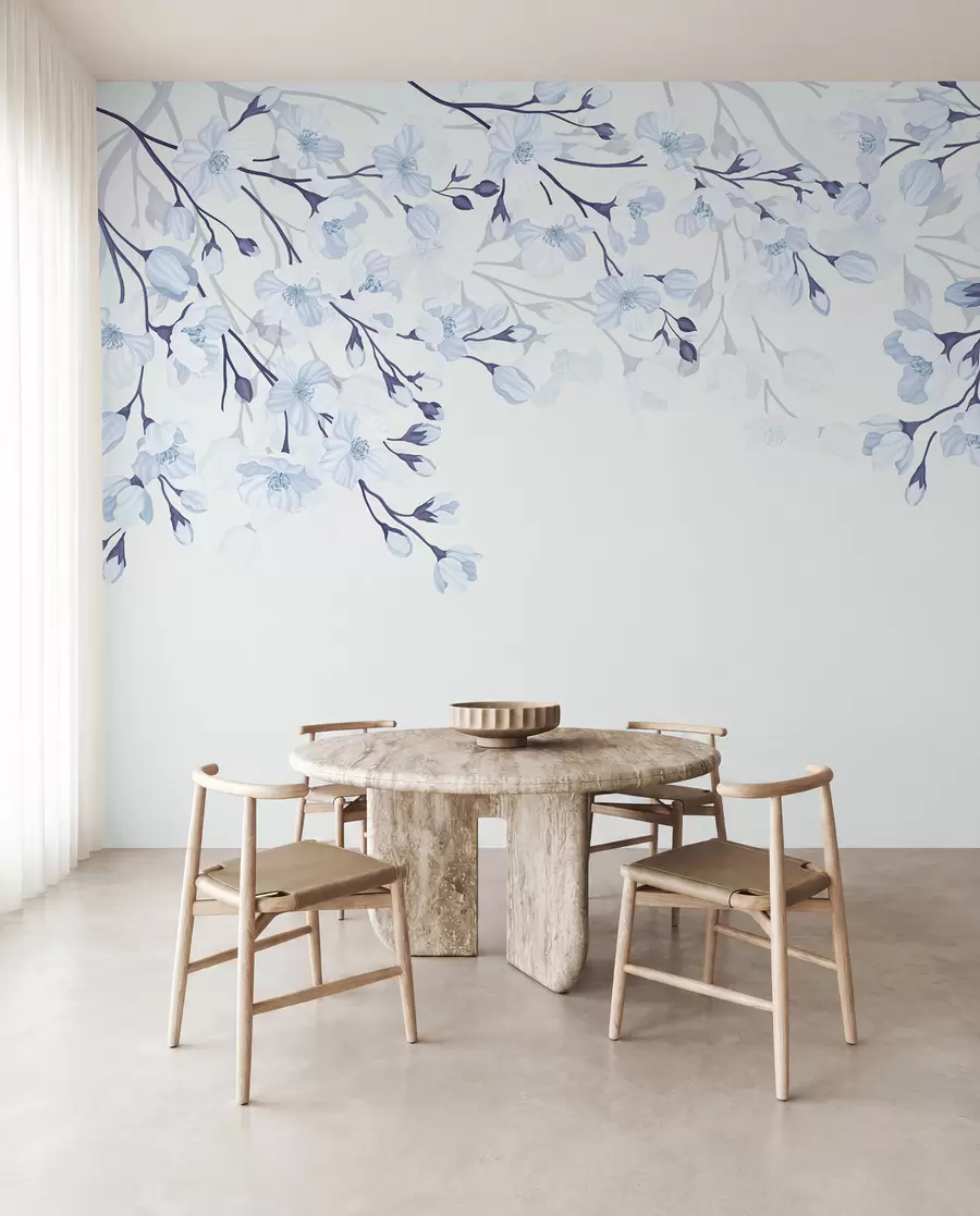 Papier peint photo branches fleuries bleues sur fond bleu w02200v1