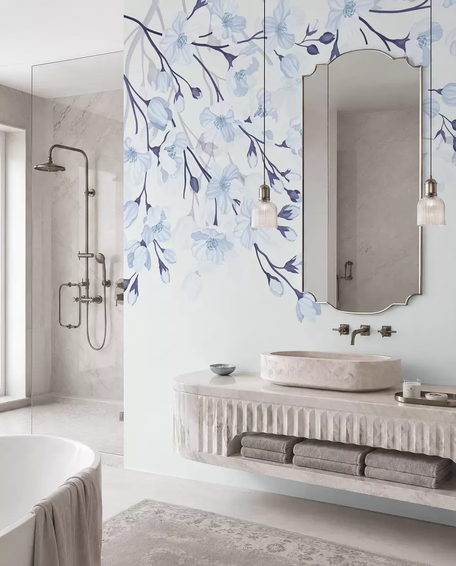 Fotobehang blauwe bloeiende takken op een blauwe achtergrond w02200v1