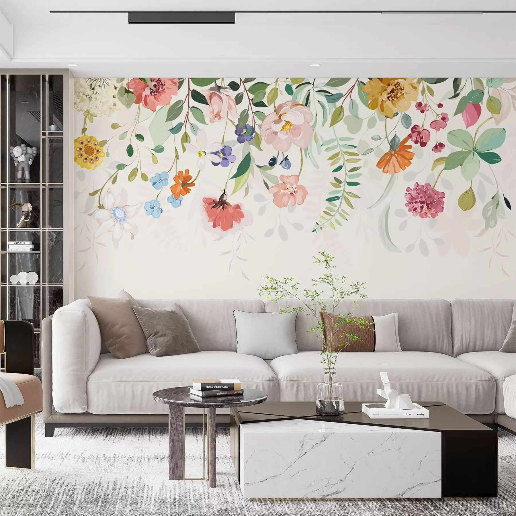 Fotobehang felgekleurde bloemen en bladeren bovenop w02201