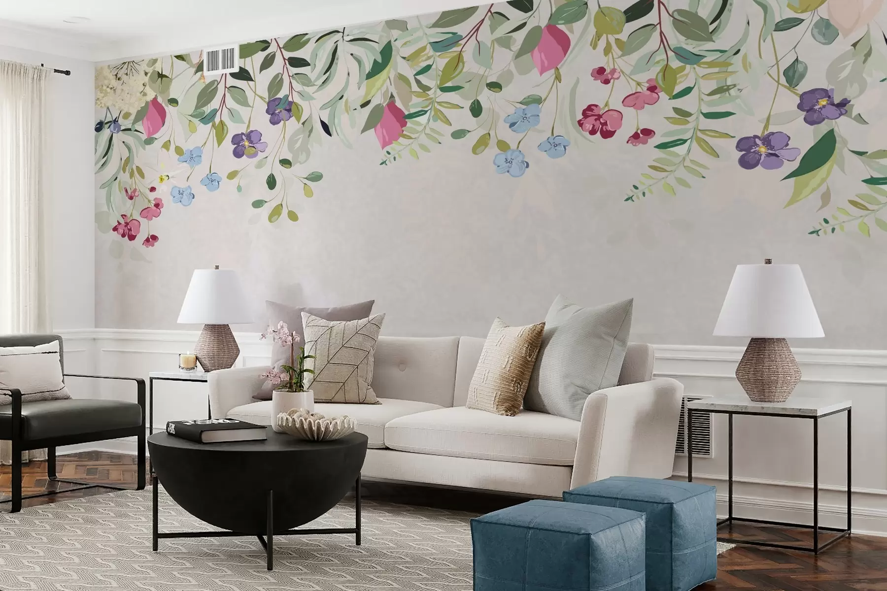 Papier peint photo feuilles et fleurs sauvages sur le dessus w02202