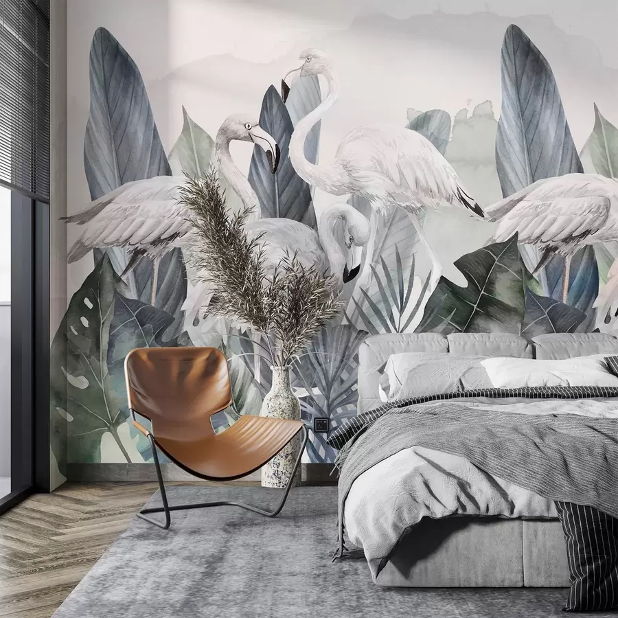 Fotobehang Elegante flamingo's tussen weelderig gebladerte w00505v2