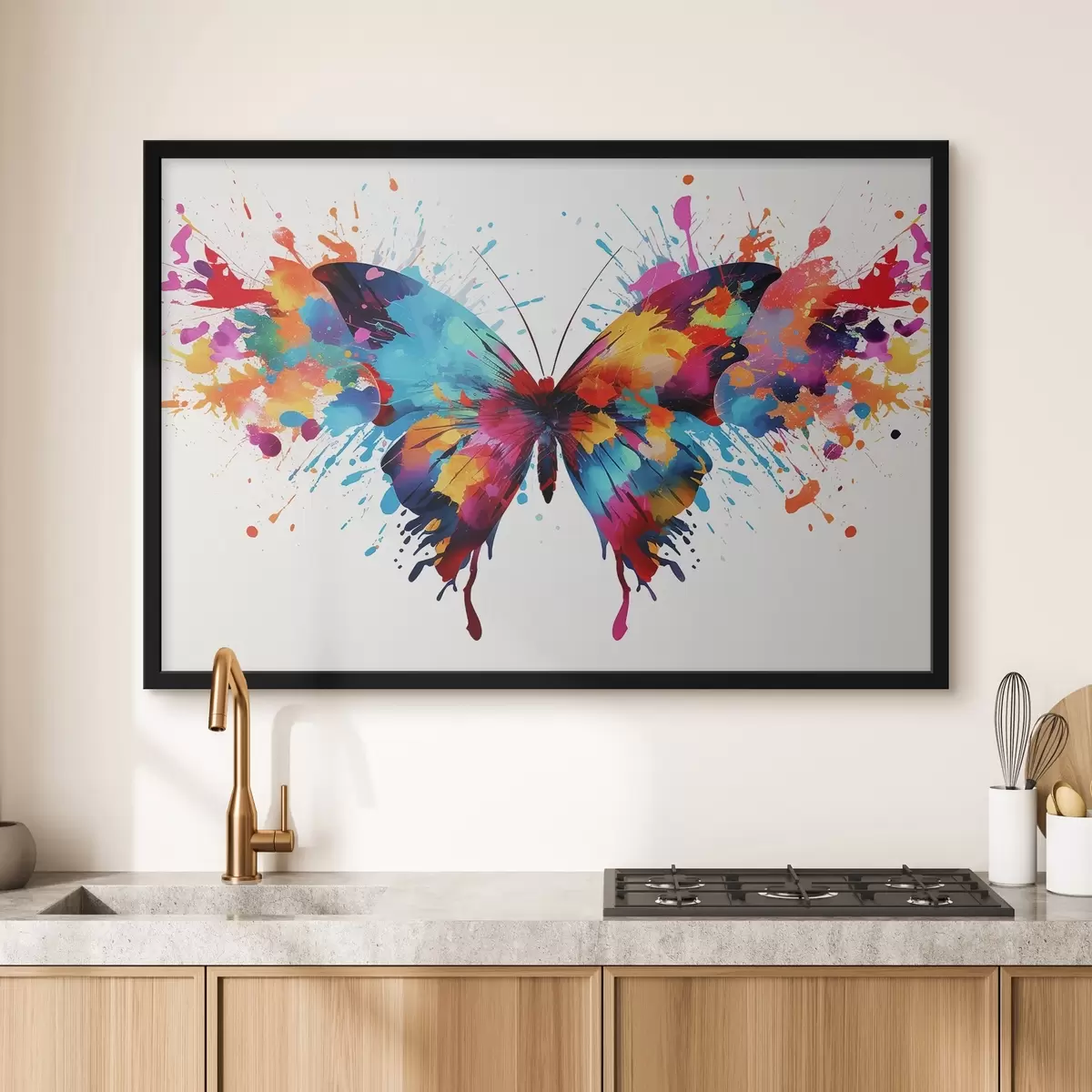 Affiche Papillon aquarelle sur fond d'éclaboussures de peinture multicolores f41560