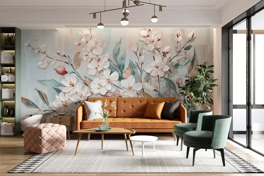 Fotobehang Florale pastel delicate witte bloemen met roze hart, omringd door weelderige groene bladeren en takken w08399