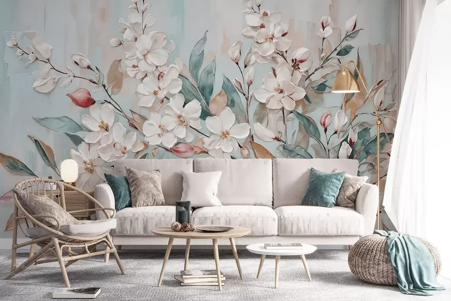 Fotobehang Florale pastel delicate witte bloemen met roze hart, omringd door weelderige groene bladeren en takken w08399