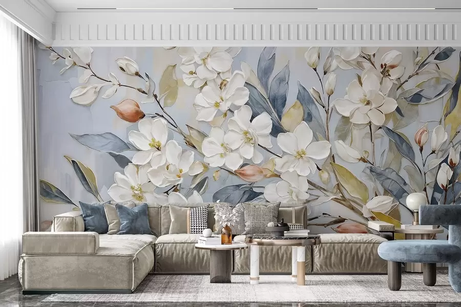 Fotobehang Florale pastel delicate witte bloemen met geel hart, omringd door weelderige groene bladeren en takken w08399v1