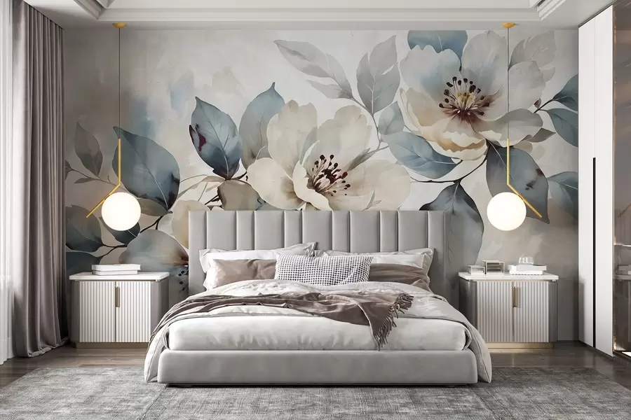 Fotobehang Delicaat bloemstuk met aquarelstructuur in wit en blauw, met zachte bloemblaadjes en hartjes w08401