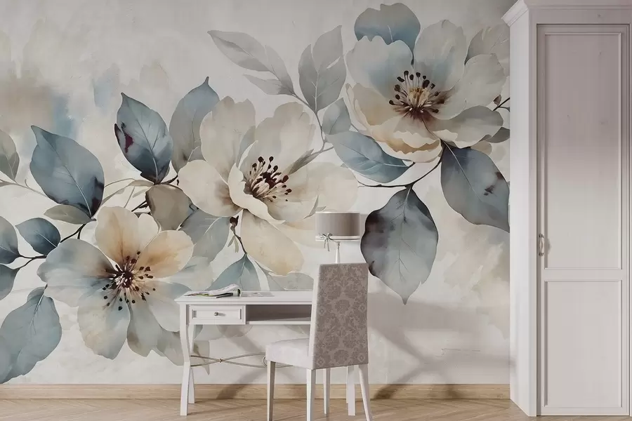 Papier peint photo Arrangement floral blanc et bleu délicatement texturé à l'aquarelle, avec des pétales et des centres doux w08401