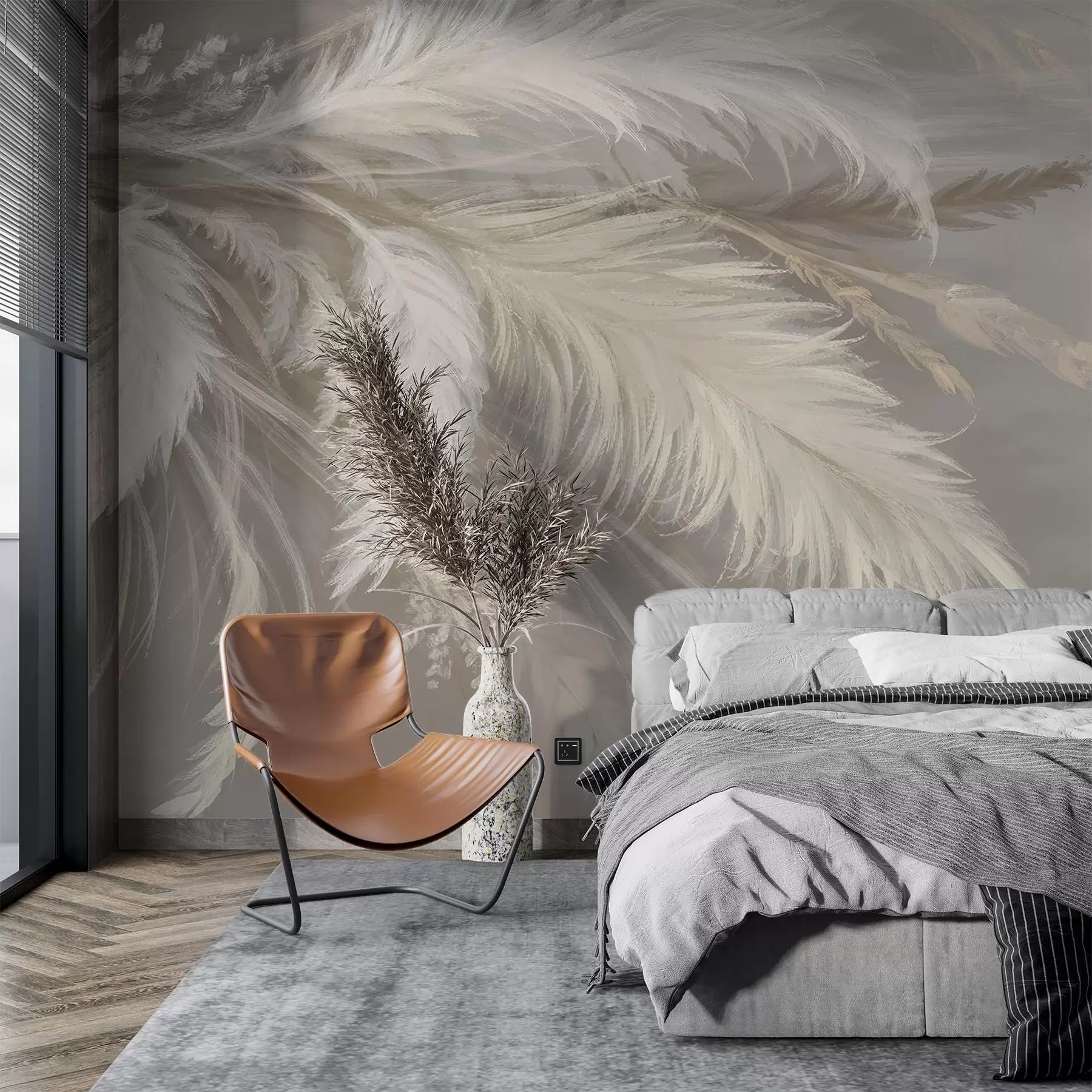 Papier peint photo Plumes blanches douces et duveteuses et fleurs séchées sur un fond beige pastel neutre w08403