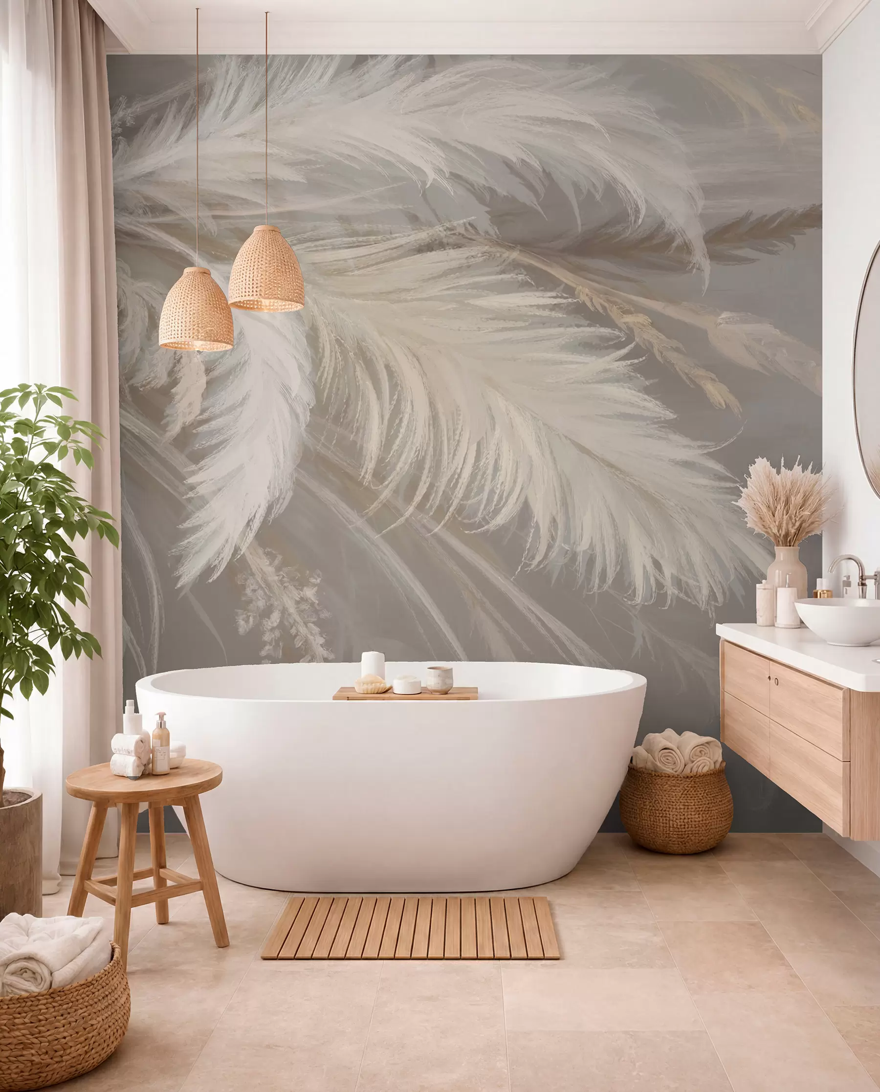 Fotobehang Zachte, pluizige witte veren en gedroogde bloemen tegen een neutrale pastelbeige achtergrond w08403