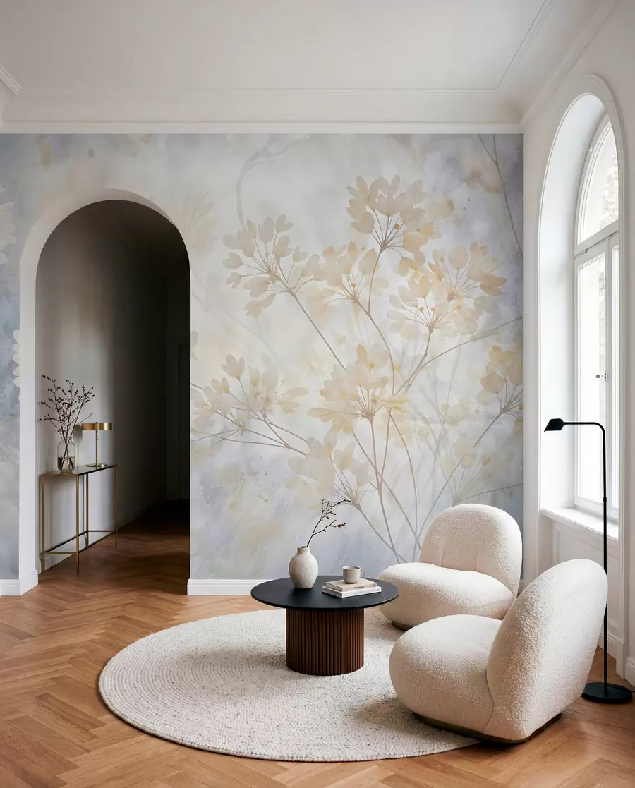 Fotobehang Delicate abstracte pastelprint van witte bloemen op onscherpe achtergrond, zacht en etherisch w08408